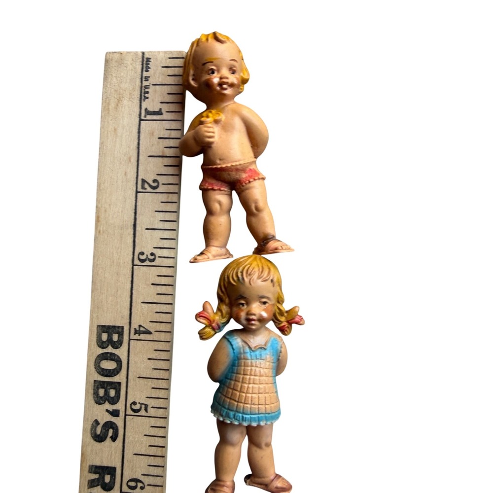 Vintage Rubber Plastic Doll Figurines‎ Boy with Flower Girl in Blue Dress Set 2
